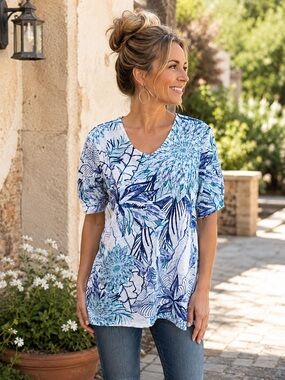 Chico’s Easywear Size 3 XL Floral Botanical V Neck Stretch Tunic Top Blue
